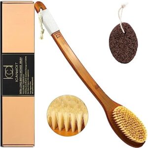 ICANdOIT-19.68Inch Natural Boar Bristles Anti-Slip Extra Long Handle Bath Brush,Bent Handle Shower Scrubber for Exfoliating,Shower Back Brush,Exfoliation Set with Pumice Stone (1 Pack)