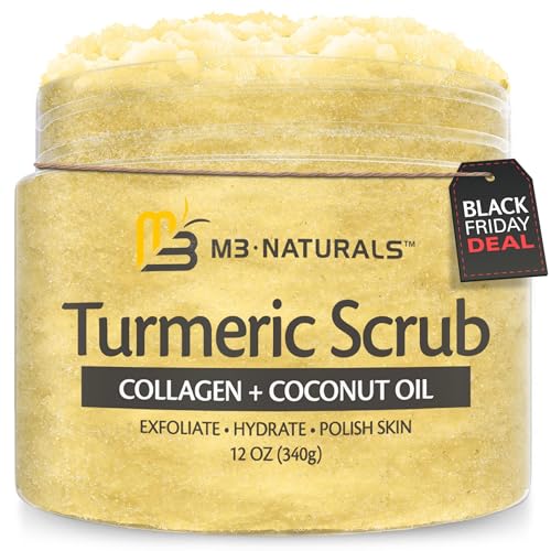 Exfoliating Body Scrub Turmeric Body Scrub and Skin Exfoliator with Collagen and Coconut Oil Gently Exfoliate Face Body Hand and Foot Scrub Moisturizing Body SkinCare products by M3 Naturals