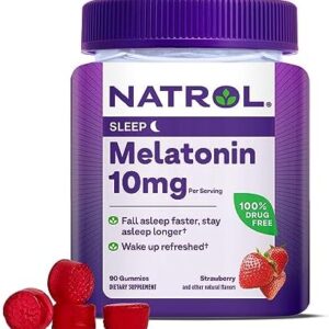 Natrol Melatonin Gummies, Sleep Support for Adults, 10 mg Melatonin Supplement for Sleeping, 90 Strawberry-Flavored Gummies, Up to a 45 Day Supply
