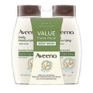 Aveeno Daily Moisturizing Body Wash for Dry & Sensitive Skin with Prebiotic Oat, Hydrating Body Wash Nourishes Dry Skin & Gently Cleanses, Light Fragrance, Sulfate-Free, 18 fl. oz, Pack of 2