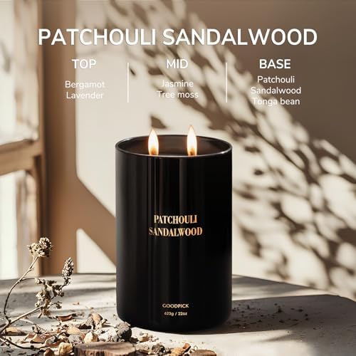 Goodpick Patchouli Sandalwood Candles 22 oz, Candles for Home Scented, Black Soy Candles, Mens Scented Candles, Large Jar Candle, Luxury Aromatherapy Candle, Gifts for Him, Boyfriend, Dad, 2 Wicks - Image 2