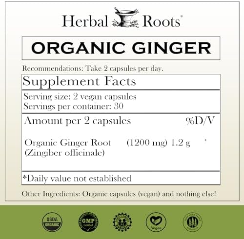 Herbal Roots Ginger Supplement | Organic Ginger Root Capsules | 1,200 mg of Pure Ginger Powder per Serving | 60 Vegan Capsules - Image 2