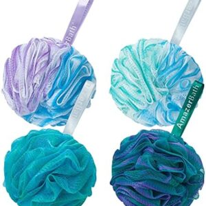 AmazerBath Loofah Sponge 75g/Piece, Exfoliating Bath Sponge Body Scrubber - Loofa Set of 4 Flower Color (Large, Green-Purple)