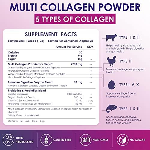 NATURE TARGET Multi Collagen Peptides Powder - Type I, II, III, V, X - Hydrolyzed Collagen Peptides with Vitamin C Hyaluronic Acid, Supports Skin Hair Nail & Joint, Grass-Fed, Non-GMO, 35 Servings - Image 2