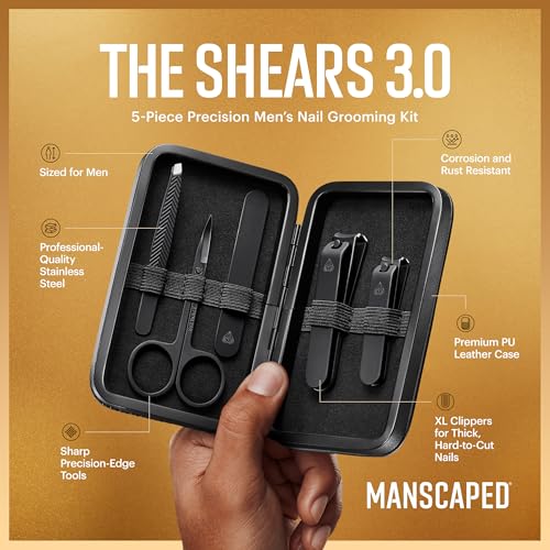 MANSCAPED® Shears 3.0, 5-Piece Precision Men’s Nail Grooming Travel Kit, Stainless Steel Manicure Set with Fingernail & Toenail Clippers, Nail File, Slant Tip Tweezers, Cuticle Scissors, Travel Case - Image 2
