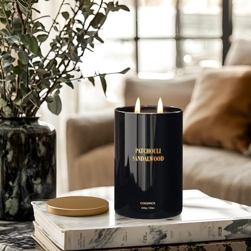 Goodpick Patchouli Sandalwood Candles 22 oz, Candles for Home Scented, Black Soy Candles, Mens Scented Candles, Large Jar Candle, Luxury Aromatherapy Candle, Gifts for Him, Boyfriend, Dad, 2 Wicks - Image 5