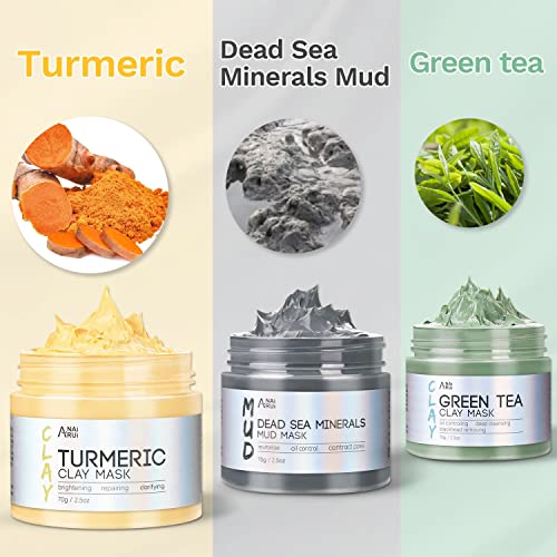 ANAI RUI Turmeric Clay Mask - Green Tea Clay Mask - Dead Sea Minerals Mud Mask, Spa Facial Mask Set, Face Mask Gift Set 2.5 oz each - Image 2