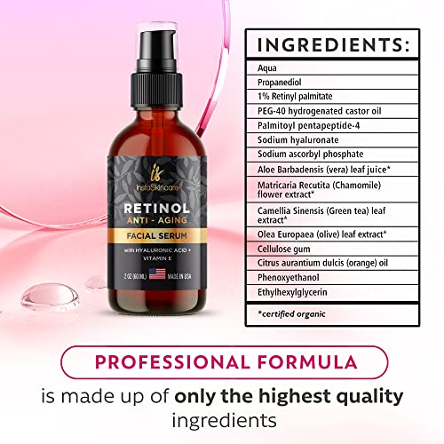 DOUBLE SIZED (2Oz) Retinol Serum for Face with Hyaluronic Acid + Vitamin E and A + Aloe Vera Anti-Aging Serum Pore Tightener Fade Dark Spots Clinical Strength Formula by InstaSkincare - Image 6