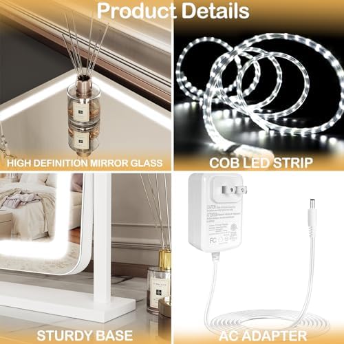 Makeup Vanity Mirror with Lights 15.2" Large LED Lighted Mirror, Hollywood Make Up Mirror with Lighting for Bedroom Tabletop, Smart Touch,Detachable 10X Magnification 360° Rotation, (White) - Image 7