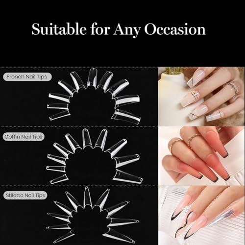 Beetles Acrylic Nails Kit 488 Pcs 3 Styles Clear Coffin Ballerina Stiletto Nail Tips Gel Tips Set False Nails Extension Gel Nail Art Gift for Women - Image 3