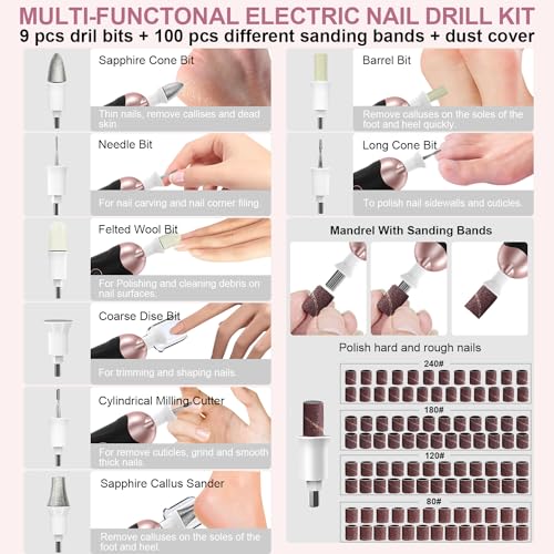 Professional Manicure Pedicure Kit, 9 in 1 Cordless Nail Drill with 100 pcs Nail Drill Bits Sanding Bands, Nail Grinder for Human, 5 Speeds Electric Nail Drill, Nail Dremel Kit for Home and Salon Use - Image 4