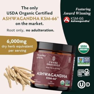 TRIBE ORGANICS Ashwagandha KSM 66 Pure Organic Root Powder Extract Ayurvedic Supplement – Focus Mood Support Increase Energy Strength 600mg of Natural KSM66 for Superior Absorption – 90 Capsules