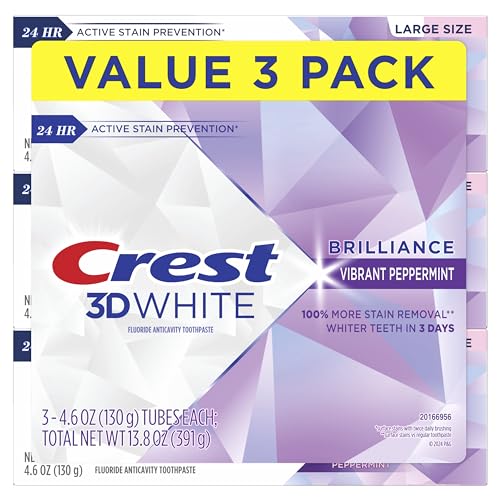 Crest 3D White Brilliance Vibrant Peppermint Teeth Whitening Toothpaste, 4.6 oz Pack of 3, Anticavity Fluoride Toothpaste, 100% More Surface Stain Removal, 24 Hour Active Stain Prevention - Image 2