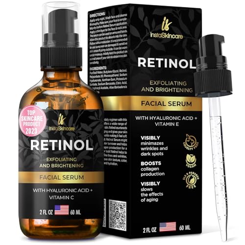 DOUBLE SIZED (2Oz) Retinol Serum for Face with Hyaluronic Acid + Vitamin E and A + Aloe Vera Anti-Aging Serum Pore Tightener Fade Dark Spots Clinical Strength Formula by InstaSkincare