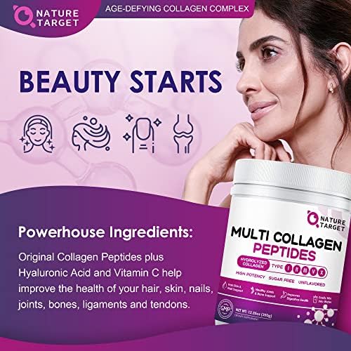 NATURE TARGET Multi Collagen Peptides Powder - Type I, II, III, V, X - Hydrolyzed Collagen Peptides with Vitamin C Hyaluronic Acid, Supports Skin Hair Nail & Joint, Grass-Fed, Non-GMO, 35 Servings - Image 4