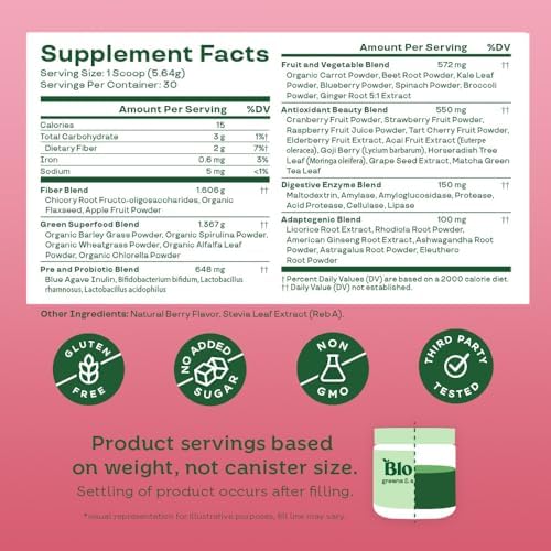 Bloom Nutrition Superfood Greens Powder, Digestive Enzymes with Probiotics and Prebiotics, Gut Health, Bloating Relief for Women, Chlorella, Green Juice Mix with Beet Root Powder, 30 SVG, Berry - Image 5