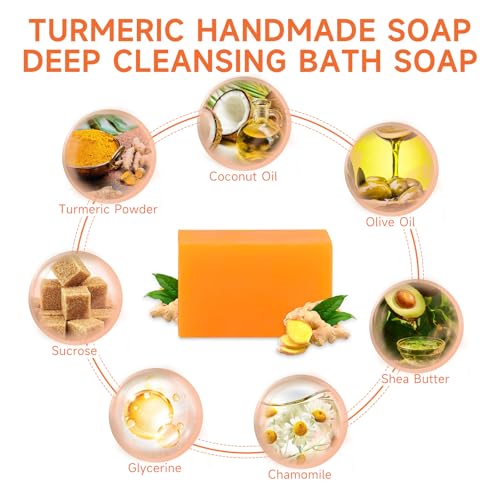 3 PCS Turmeric Soap Bar, Organic Turmeric Bar Soap for Face & Body Cleansing, Handmade Body Bath Soap Deeply Cleanse Body Smooth Skin Moisturizing Soothing, For All Skin Types, Men and Women - Image 2