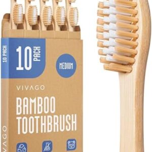 Bamboo Toothbrushes Medium Bristles 10 Pack - BPA Free Medium Bristles Toothbrushes for Adults | Eco-Friendly, Compostable & Biodegradable Toothbrush | Natural Wooden Toothbrushes