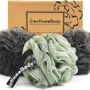 myHomeBody Large 70g Loofah Sponge, Bath Body Scrubber for Women, Men, Exfoliating Shower Pouf with Activated Charcoal - 2 Graphite Gray + 1 Sage Green, 3 Pack
