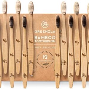 Greenzla Organic Bamboo Toothbrushes, 12 Pack Sturdy BPA Free Soft Bristles Toothbrushes for Adults with Toothbrush Travel Case & Charcoal Dental Floss, Biodegradable & Compostable Wooden Toothbrushes