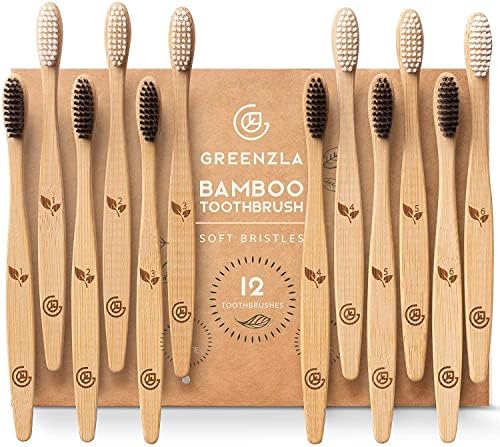 Greenzla Organic Bamboo Toothbrushes, 12 Pack Sturdy BPA Free Soft Bristles Toothbrushes for Adults with Toothbrush Travel Case & Charcoal Dental Floss, Biodegradable & Compostable Wooden Toothbrushes