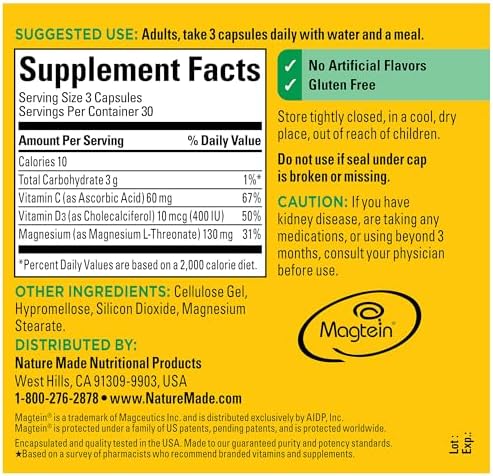 Nature Made Magnesium L-Threonate with Vitamin C & Vitamin D3, Provides 130 mg of Magnesium from 1800 mg Magnesium L Threonate, Cognitive Support Magnesium Supplement, 90 Capsules, 30 Day Supply - Image 5