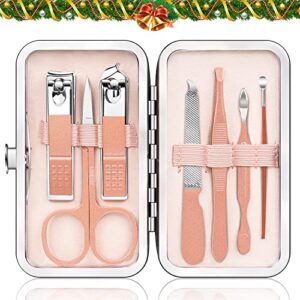 Manicure Pedicure Set Stainless Steel Nail Clippers Personal Nail Clipping Tools Portable Travel Grooming Kit with Snap-shut Case, Rose Gold