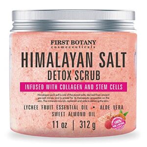 First Botany, Himalayan Salt Body Scrub with Collagen & Stem Cells, Natural Exfoliating Salt Scrub Body & Face Souffle helps with Moisturizing Skin, Acne, Cellulite, Dead Skin Scars, Wrinkles, 11 oz