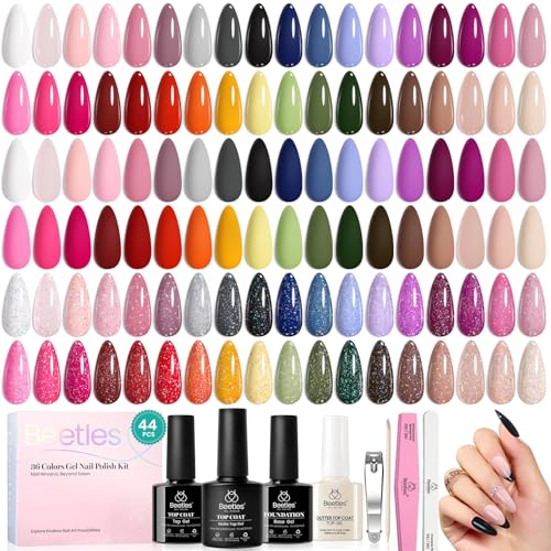 beetles Gel Polish 44 PCS Gel Nail Polish Set-36 Colors Gel Polish Set Base Coat Glossy Matte & Glitter Top Coat Colorful Muse Collection Nude White Pink Red Blue Gel Gifts for Women - Image 8