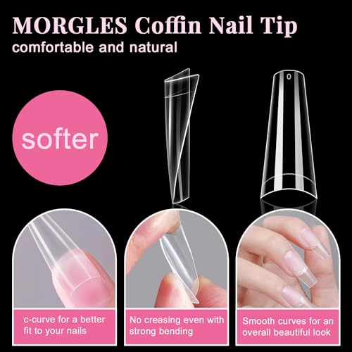 Clear Coffin Nail Tips Set, MORGLES 500pcs Long Nail Tips for Acrylic Nails Professional Half Cover Ballerina French Nail Tips Fake Nails Kit with Nail Glue, Clipper, Files, Cuticle Pusher and Fork - Image 3