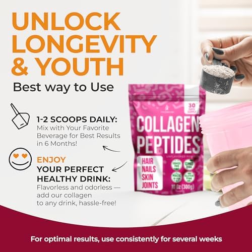 Collagen Peptides Powder for Women Hydrolyzed Collagen Supplements Types I - III Non-GMO Grass-Fed Gluten-Free Kosher Pareve Unflavored Easy to Mix Drink Healthy Hair Skin Joints Nails 10 Oz - Image 4