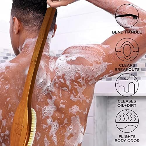 ICANdOIT-19.68Inch Natural Boar Bristles Anti-Slip Extra Long Handle Bath Brush,Bent Handle Shower Scrubber for Exfoliating,Shower Back Brush,Exfoliation Set with Pumice Stone (1 Pack) - Image 2