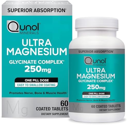 Qunol Magnesium Glycinate Complex, Gentle on Stomach, 250mg One Pill Dose, Superior-Absorption Magnesium, Nerve, Bone and Muscle Health Supplement, 60 Count (Pack of 1)