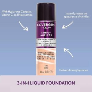 CoverGirl & Olay Simply Ageless 3-in-1 Liquid Foundation, Matte Finish, Hyaluronic & Vitamin C Formula, Cruelty Free, Creamy Natural, 1 Count