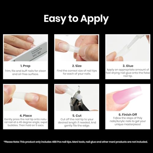 Beetles Acrylic Nails Kit 488 Pcs 3 Styles Clear Coffin Ballerina Stiletto Nail Tips Gel Tips Set False Nails Extension Gel Nail Art Gift for Women - Image 4