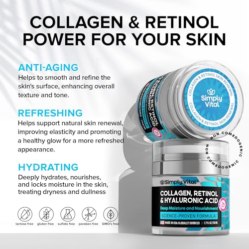 SimplyVital Collagen, Retinol & Hyaluronic Acid Cream - Anti-Aging Face Moisturizer for Face, Neck & Décolleté - Made in USA, Daily Moisturizer Face Cream - 1.7 fl.oz. - Image 3