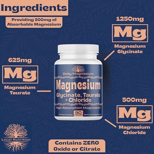 Triple Magnesium Complex 500mg from Magnesium Glycinate 1250mg, Magnesium Taurate 625mg, Magnesium Chloride 500mg - Premium, High Absorption Chelated Magnesium Supplement - 90 Capsules Made in USA - Image 4