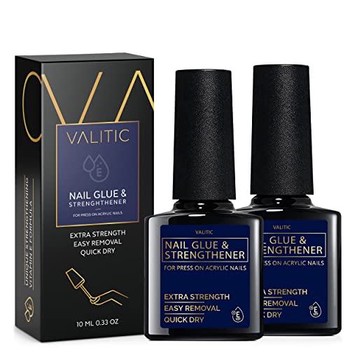 Valitic Nail Glue and Strengthener for Acrylic and Press On Nails - Quick Dry Brush On Nail Gel for Long Lasting Nails - Adhesive Nail Bond for False Nails - Nail Strengthener for Nail Tips - 2 PACK