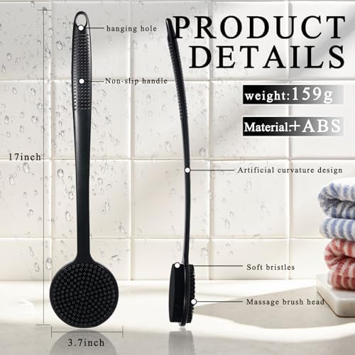 VWMYQ Silicone Back Scrubber for Shower, 17in Lengthen Long Handle Body Brush, Double Sided Shower Brush for Shower Exfoliating and Massage Can Produce Rich Foam, Long Handle Back Scrubber for Men - Image 3
