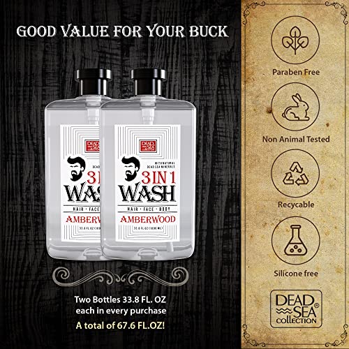 Dead Sea Collection 3 In 1 Body Wash For Men With Pure Amber Wood Oil – All In One Soap For Men – Shampoo, Face Wash, Shower Gel For All Skin Type - Moisturizing Body Wash, 33.8 Fl Oz (2-pack) - Image 3