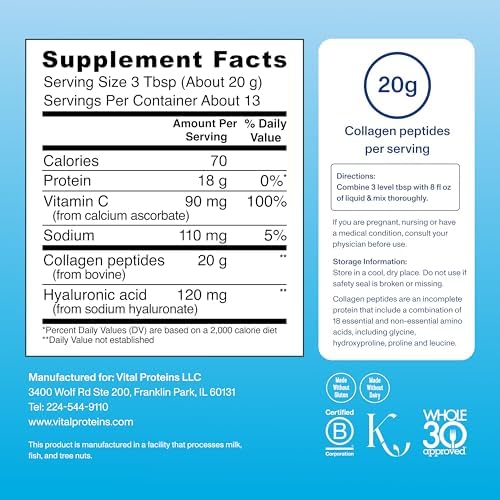 Vital Proteins Collagen Powder Supplement Hydrolyzed Peptides with Hyaluronic Acid and Vitamin C - Non-GMO, Dairy & Gluten Free Unflavored, 9.33oz - Image 4