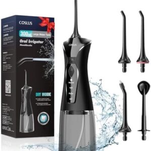 COSLUS Water Dental Flosser Pick for Teeth: 4 Modes Cordless Portable 300ML Larger Tank Water Teeth Cleaner IPX7 Waterproof Flossing Cleaning Picks for Home Travel FC5360