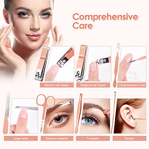 Manicure Pedicure Set Stainless Steel Nail Clippers Personal Nail Clipping Tools Portable Travel Grooming Kit with Snap-shut Case, Rose Gold - Image 4