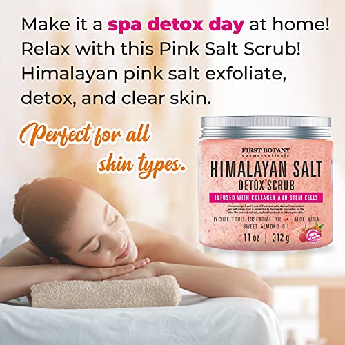 First Botany, Himalayan Salt Body Scrub with Collagen & Stem Cells, Natural Exfoliating Salt Scrub Body & Face Souffle helps with Moisturizing Skin, Acne, Cellulite, Dead Skin Scars, Wrinkles, 11 oz - Image 4