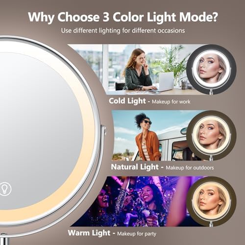 10x Large Lighted Makeup Mirror, Rechargeable 8" Height Adjustable Vanity Mirror, 1x/10x Magnifying Mirror with 3 Color, Brightness Adjustable, 360° Rotation Double Sided Mirror, Gift for Women - Image 3