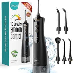 Water Dental Flosser Tooth Pick: COSLUS 10 Levels Smooth Control Portable Rechargeable Oral Irrigator Cordless Waterproof, 300ML Electric Flossing Cleaner Deep Cleaning for Travel Home (Model: WFP14)