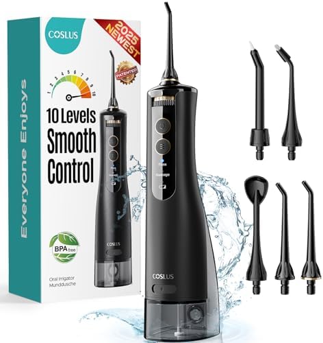 Water Dental Flosser Tooth Pick: COSLUS 10 Levels Smooth Control Portable Rechargeable Oral Irrigator Cordless Waterproof, 300ML Electric Flossing Cleaner Deep Cleaning for Travel Home (Model: WFP14)