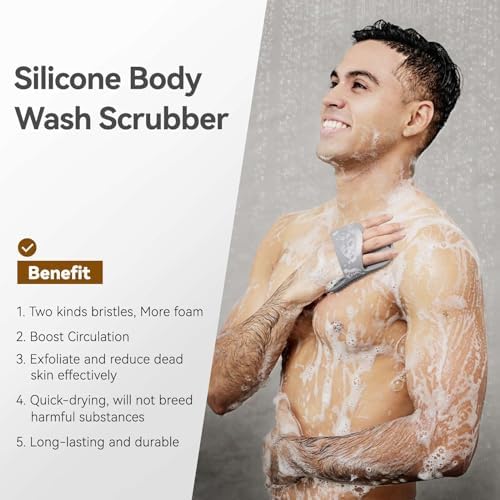 Silicone Body Scrubber for Men, Friendly Shower Body Scrubber for Sensitive Skin, Silicone Loofah Body Scrubber for Showering with Richer Foam Bristles and Anti-Slippery Handle, Gray - Image 2