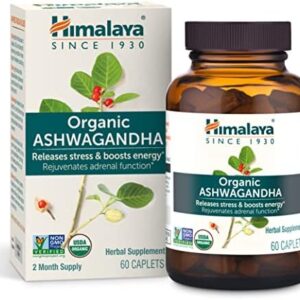 Himalaya Organic Ashwagandha, 60 Day Supply, Herbal Supplement for Stress Relief, Energy Support, Occasional Sleeplessness, Organic, Non-GMO, Vegan, Gluten Free, 670 mg, 60 Caplets