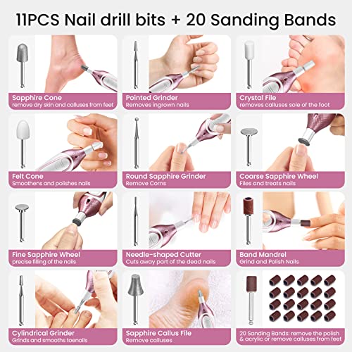36-Piece Professional Manicure Pedicure Kit-Cordless Electric Nail File Kit,20000RPM, 11Pcs Bits,4 Speed,Rechargeable Pedicure Tool for Feet,Hand Foot Care Nail Drill Tool for Nail Grind Trim Polish - Image 4